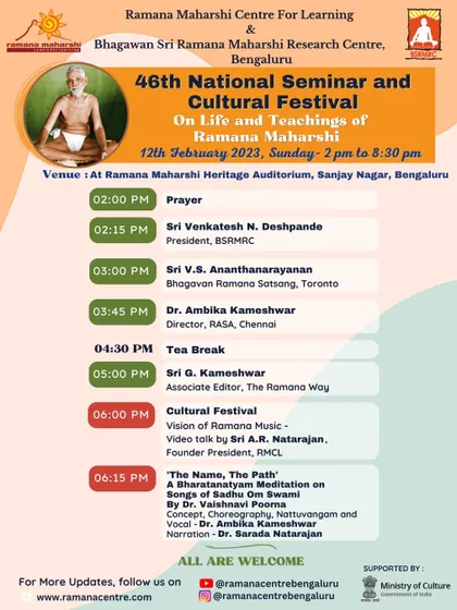 The schedule for the second day of our 46th National Seminar, featuring talks by spiritual leaders and scholars, followed by a cultural festival with a Bharatanatyam meditation on the songs of Sadhu Om.