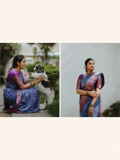 A diptych showing the bride in a beautiful purple saree, one shot of her playing with her shih tzu and another of her posing elegantly.