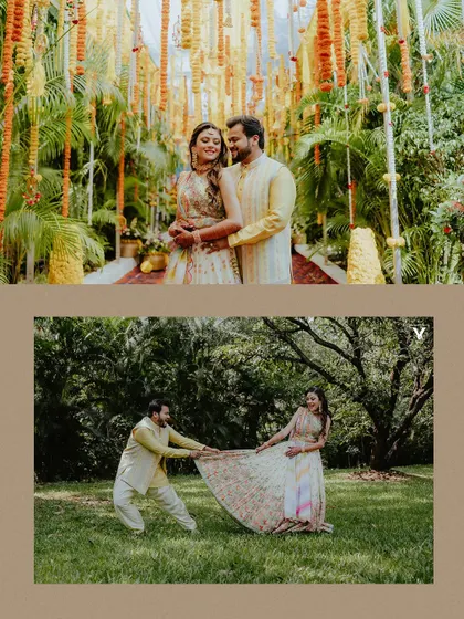 A two-panel collage showing a couple's playful and romantic moments during a pre-wedding event, set against a backdrop of marigold decorations and lush greenery.