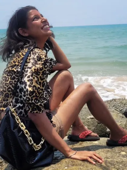 A candid moment of pure happiness by the sea in Udupi. My animal print shirt and the sound of the waves made for a perfect beach vibe.