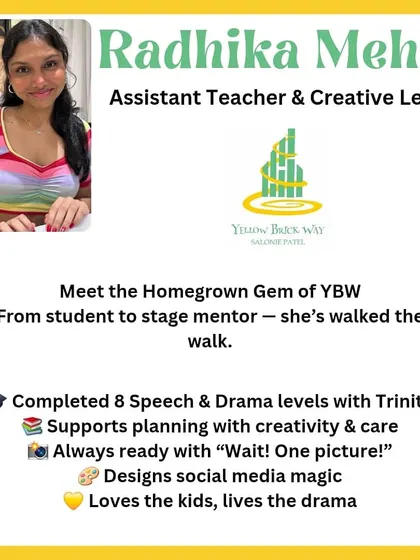 Meet Radhika Mehta, our Assistant Teacher and a homegrown gem of YBW. Having gone from our student to a stage mentor, she now supports our classes with creativity and care.