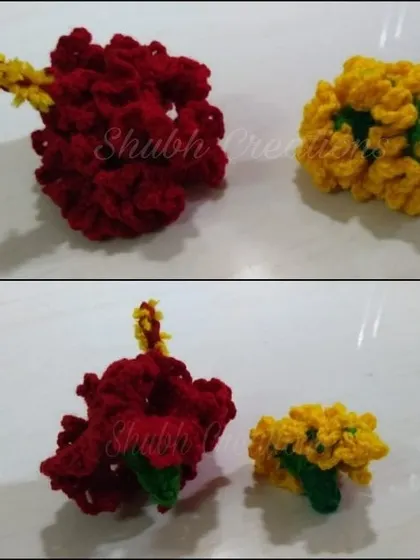 Two examples of my crochet flowers, a red hibiscus and a yellow marigold, which can be used in pooja sets or as decorative elements.