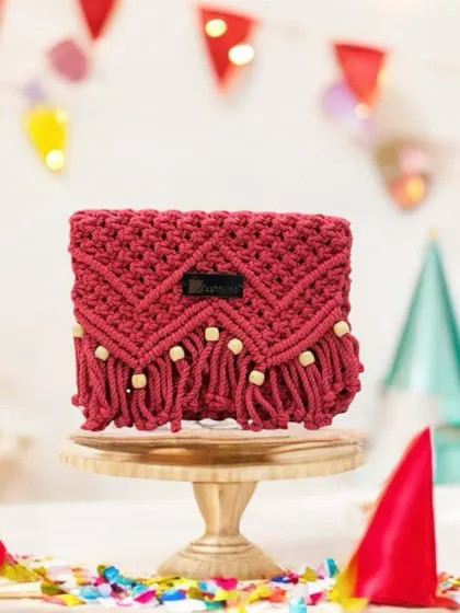This red sling bag with wooden beads looks like it's ready for a celebration! It's a great accessory for any festive occasion.