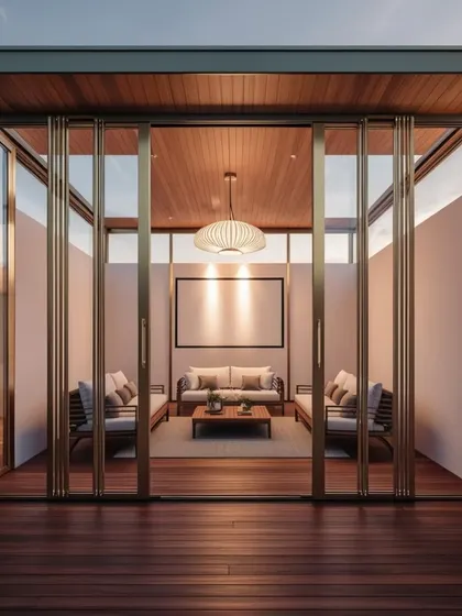 This elegant glasshouse at dusk shows how lighting can transform the space. The clean lines and symmetrical design create a sense of calm and order.
