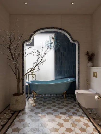 This bathroom is a luxurious retreat, with a stunning archway framing the powder blue clawfoot tub. The Moroccan-inspired floor tiles and a potted cherry blossom tree complete the serene, spa-like ambiance.