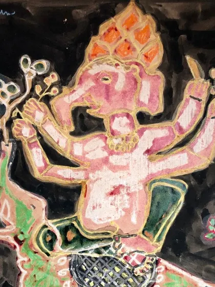 A spotlight on Adimoolam, a master of both figurative and abstract art. This post features his iconic depiction of Lord Ganesha and a later abstract oil on canvas, showing his artistic evolution.