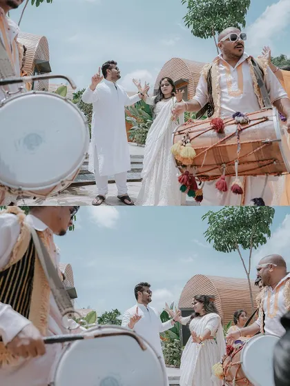 A collage of the couple dancing with dhol players, capturing the high energy of the event.