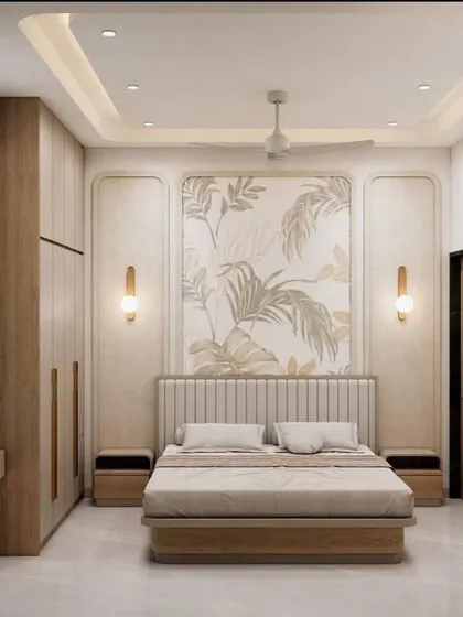 A subtle, framed botanical wallpaper adds a touch of nature to this contemporary bedroom. The neutral tones create a restful and sophisticated environment.