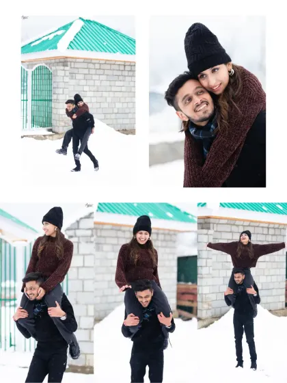 A playful collage of Nikul and Sejal having fun in the snow. From piggyback rides to shoulder carries, these photos capture their lighthearted and adventurous spirit.