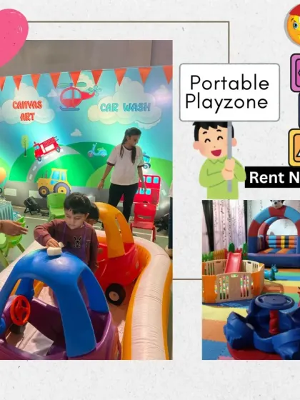 This graphic highlights a portable playzone with a fun "Canvas Art" and "Car Wash" theme. It shows how I can incorporate creative and interactive elements into my setups for a unique party experience.