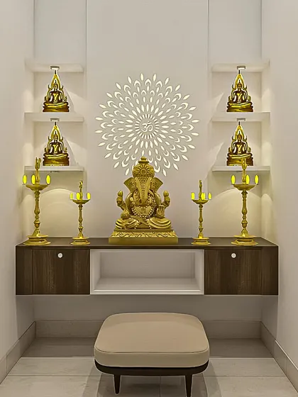 A compact and modern wall-mounted pooja unit. The design features a laser-cut 'Om' mandala, shelves for small idols, and a cabinet for storage, all illuminated with soft, warm light.