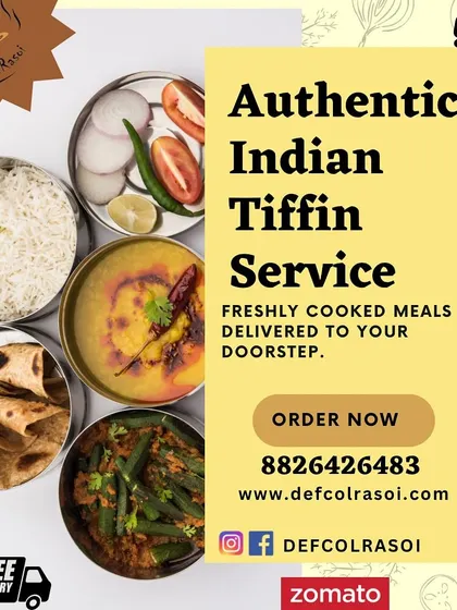 Our promise is simple: authentic Indian tiffin service. This graphic shows a typical meal of dal, sabzi, rotis, and rice, delivered fresh to you.