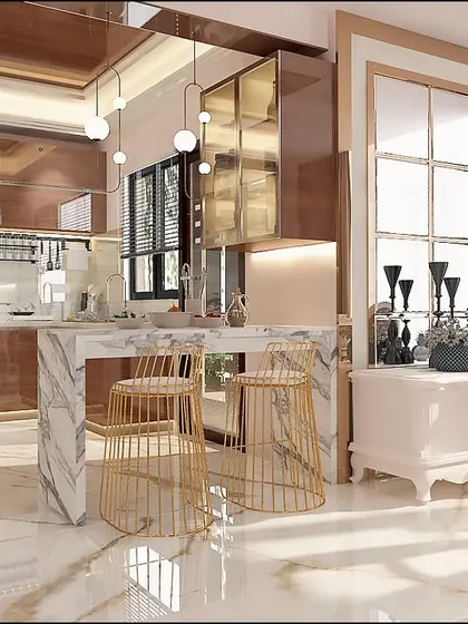 A truly royal kitchen design. This space features rich wood cabinetry, a marble-topped island with gold-toned bar stools, and an expansive layout perfect for a large family or passionate cook.