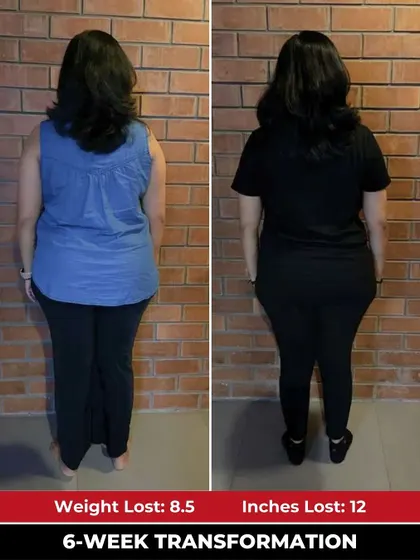 Sparsha's back profile shows a significant 12-inch loss, resulting in a more toned and defined shape after her 6-week program.