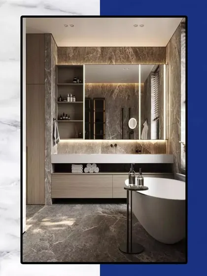 Isn't this bathroom exquisite? This design concept shows a large bathtub, a floating vanity with ample storage, and soft, ambient lighting to help you pamper yourself.