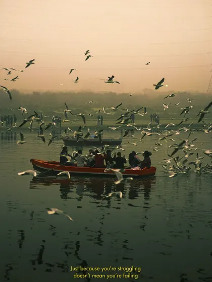 Another perspective of the boats at Yamuna Ghat, showing the sheer number of birds that flock here. The scene feels both chaotic and peaceful at the same time.