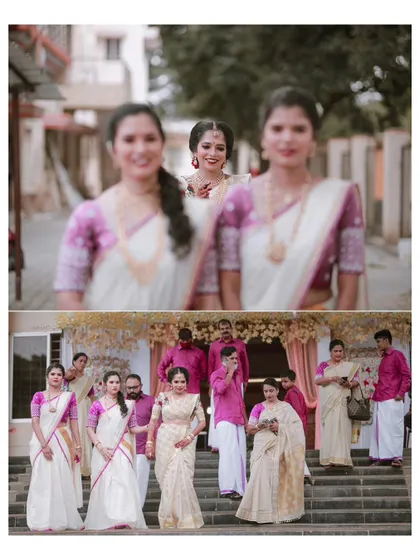 A fun shot of the bride with her family and bridesmaids, all dressed in matching sarees, capturing the collective joy of the wedding day.