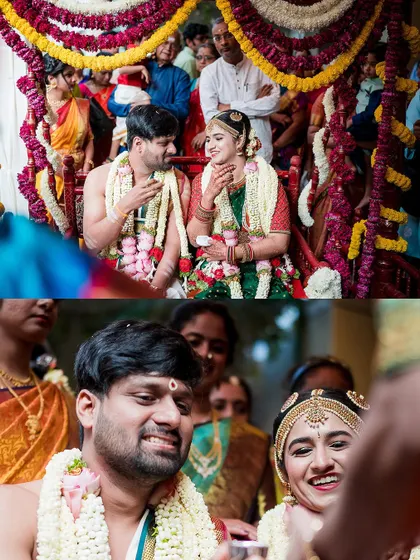 A collage capturing the couple's joyful and sometimes mischievous expressions during their wedding rituals on the ceremonial swing.