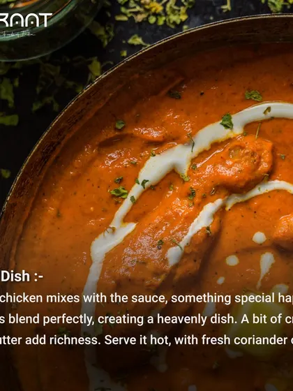 The final dish. When the chicken and sauce come together, magic happens. A touch of cream and butter adds richness, served hot with fresh coriander.