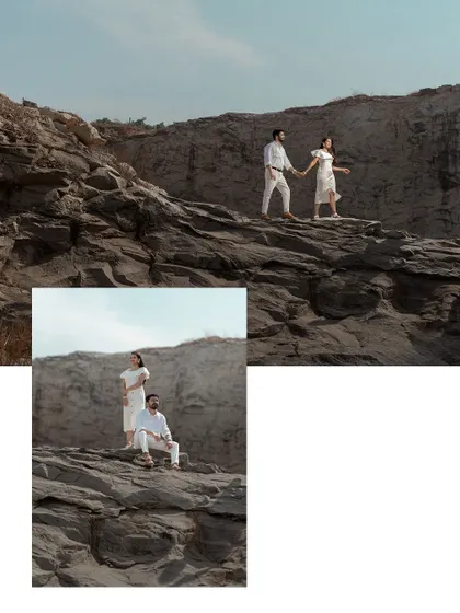 A collage showing a couple on a rocky landscape. We capture a variety of poses to showcase both the couple and the stunning scenery.