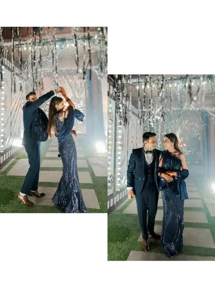 A collage from a glamorous cocktail party, showing the couple dancing and enjoying the sparkling, elegant atmosphere.