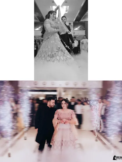 A dynamic collage of Vipul and Vanshika's Roka, showing their grand entrance and first dance.