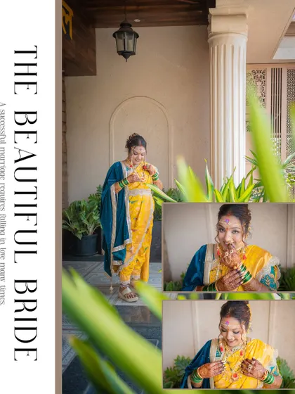 A collage celebrating the Maharashtrian bride in her bright yellow saree, capturing her playful and happy moments before the ceremony.