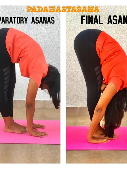A demonstration of the preparatory and final stages of Padahastasana. This forward bend stretches the entire back of the body and stimulates abdominal organs to improve digestion.