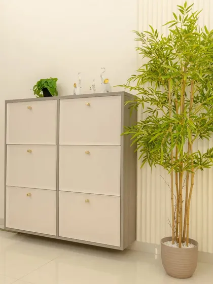 This shot highlights the sleek shoe cabinet, designed with the same materials as the TV unit to maintain a cohesive and clutter-free look in the living area.