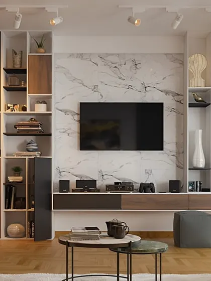 We created a sophisticated living area with this floor-to-ceiling entertainment and storage unit. The design features a stunning marble-finish backdrop for the TV, surrounded by a combination of wood-paneled closed cabinets and open shelving for versatile storage.