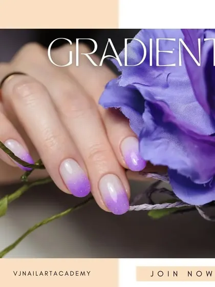 We love creating smooth color transitions, like this beautiful purple-to-white gradient. This graphic showcases the elegance of ombré nails, a technique we teach and perfect at our academy.