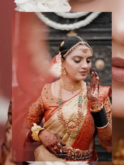 A collage focusing on the bride's expressive eyes and hands, adorned with traditional jewelry and henna.
