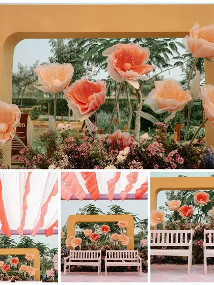 A mood board of a quirky and colorful Haldi ceremony. We used giant paper flowers and pastel drapes to create a whimsical, photogenic space that was anything but basic.