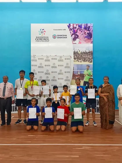 Photos from our successful summer camp and tournament at Shiksha Shikhar, showing students on the podium and in groups.