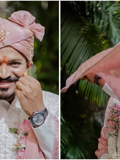 The groom playfully adjusting his mustache, a portrait full of character.