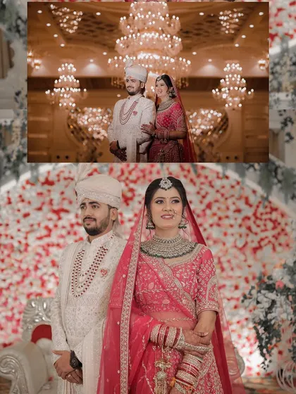 A showcase of a wedding in a grand, palatial venue. We use the stunning chandeliers and floral decor to frame the couple, creating portraits that are both opulent and personal.