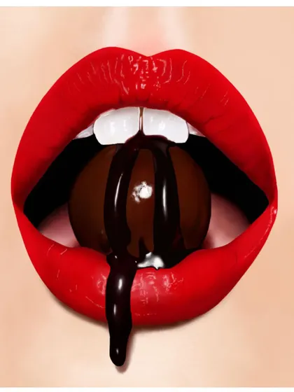 A hyper-realistic digital painting of lips with a chocolate ball. This piece was a technical challenge, focusing on rendering glossy textures, reflections, and the dripping chocolate.