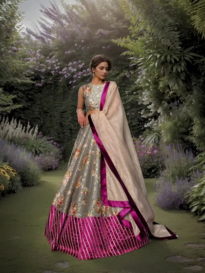 Draped in the timeless allure of Printed Banaras georgette silk and accented with velvet, this lehenga unfolds a story of eternal grace and enduring charm.