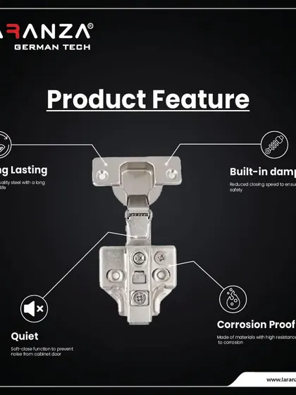 A breakdown of my hinge features: long-lasting steel, a built-in damper for safety, quiet soft-close function, and corrosion-proof materials for longevity.