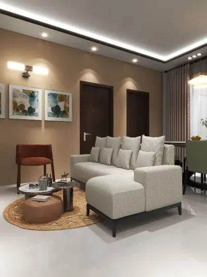 A 3D view of a cozy living and dining space, demonstrating how I create a harmonious flow between different areas of the home.