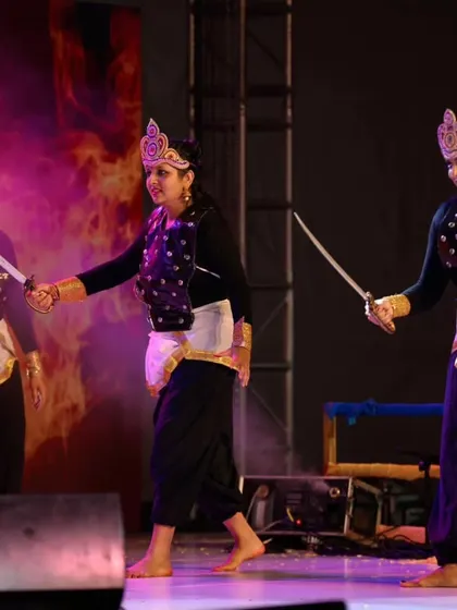 A scene of conflict from the 'Draupadi' dance drama, showcasing the dynamic and powerful choreography that tells this epic story.