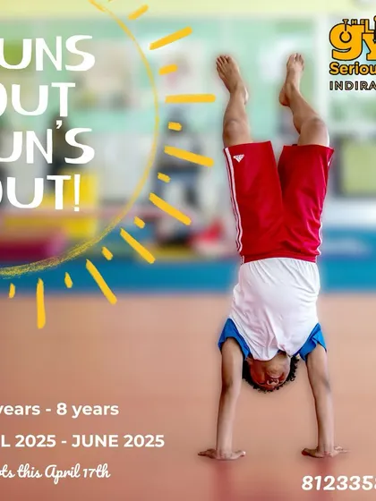 "Suns Out, Fun's Out!" This summer camp ad shows a boy holding a handstand, inviting kids from 3-8 years to join the fun from April to June.