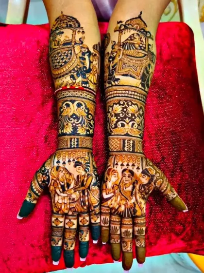 A vibrant and colorful design with multiple couple portraits, including a doli scene, showcasing my skill in creating dynamic and story-driven mehndi.