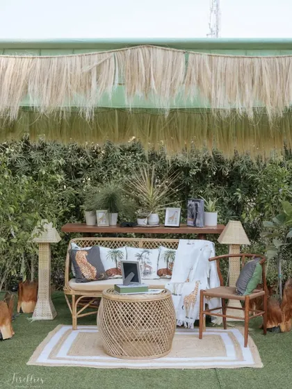 This cozy lounge was part of a 'Safari Sundowner' for Neomi and Rakshit, inspired by their love for nature. We used earthy textures, custom animal-print cushions, and natural materials to create a laid-back, luxe jungle escape for their guests.