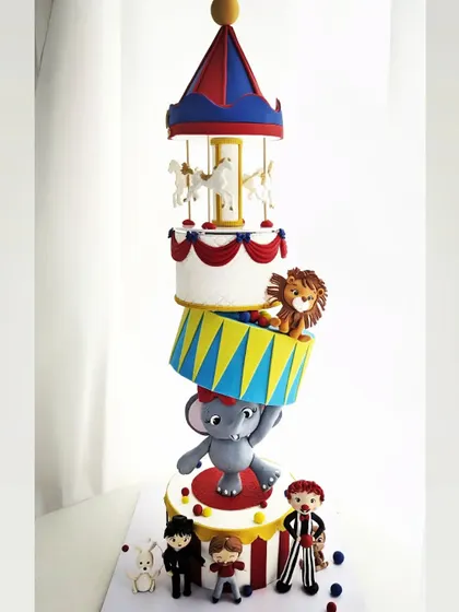A truly spectacular anti-gravity carnival cake. This design features an elephant balancing a drum, a lion, and a rotating carousel on top, with circus performers at the base.