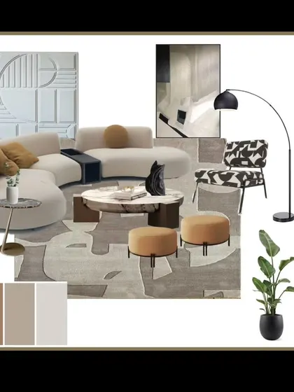 A mood board we created for a living room concept. This helps our clients visualize the color palette, furniture style, textures, and overall vibe of the space before we begin.