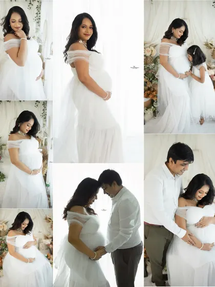 A collage of angelic portraits from an all-white themed maternity session. It features a variety of solo, couple, and family poses in our dreamy boho setup.