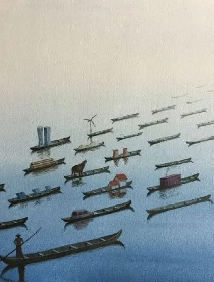 Suchendra's paintings often function as satirical social commentaries. This work, showing a flotilla of boats carrying modern life's objects, provides a space for thought and debate about progress and tradition.
