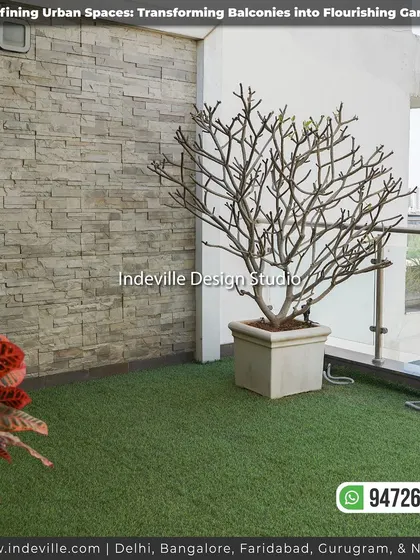 A balcony featuring a stone-clad accent wall and a large frangipani tree in a pot. The combination of textures adds depth and character to the outdoor space.