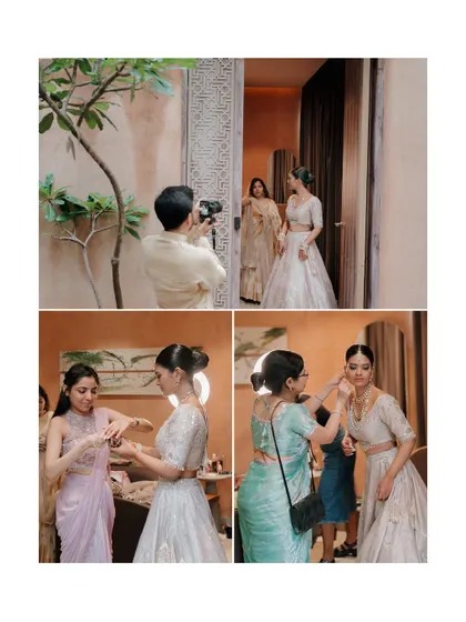 A collage of behind-the-scenes moments, showing the photographer at work and the bride getting ready with her family.